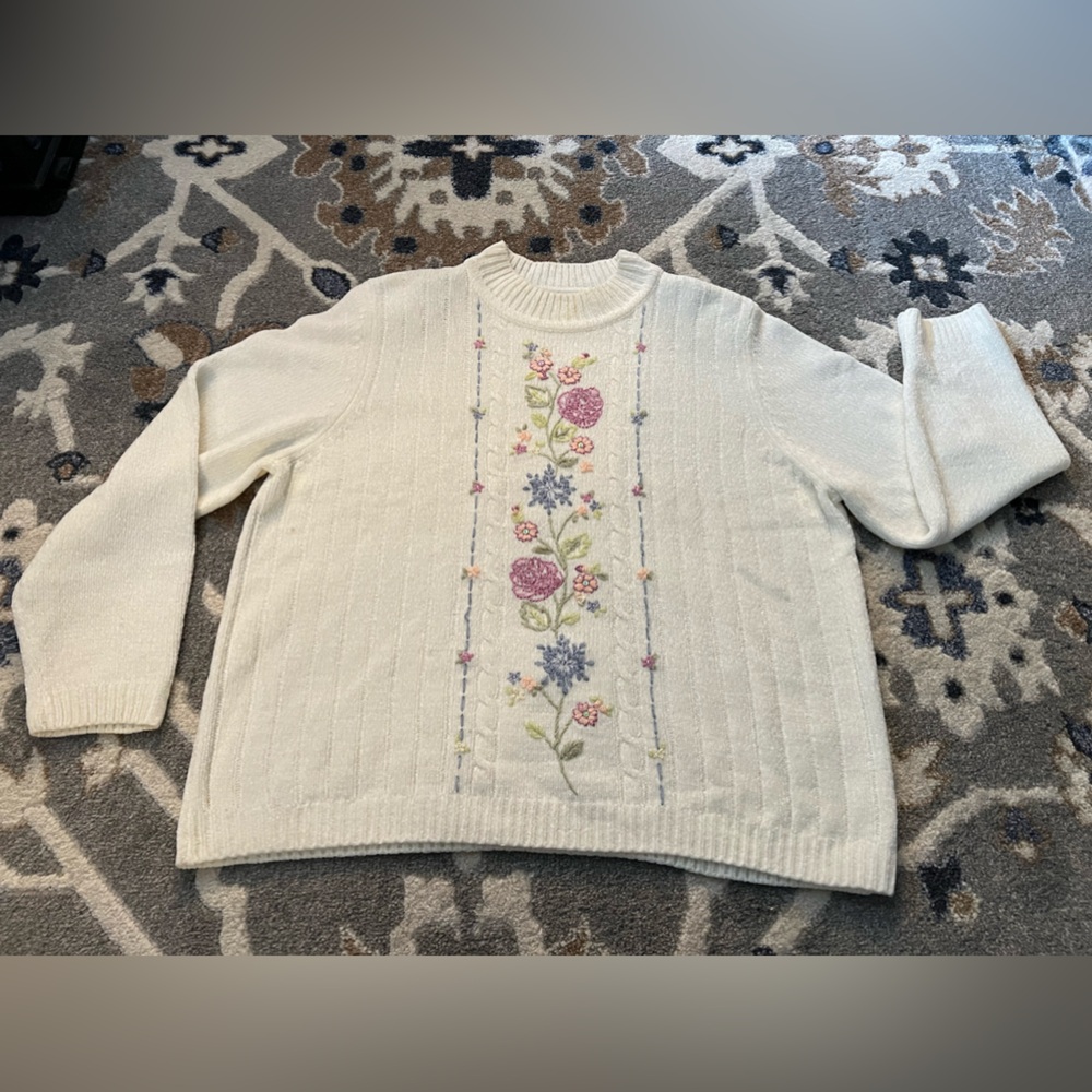 Vintage Alfred Dunner high neck cable knit sweater cottage core embroidery